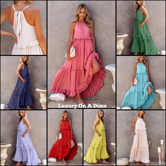 Ruffle Sleeveless Tie Back Tiered Summer Pocket Oversized High-Low Maxi Dress - Picture 13 of 13